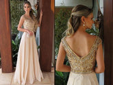 Elegant Chiffon A Line Cap Sleeves Round Neck Long Prom Dress with Beading